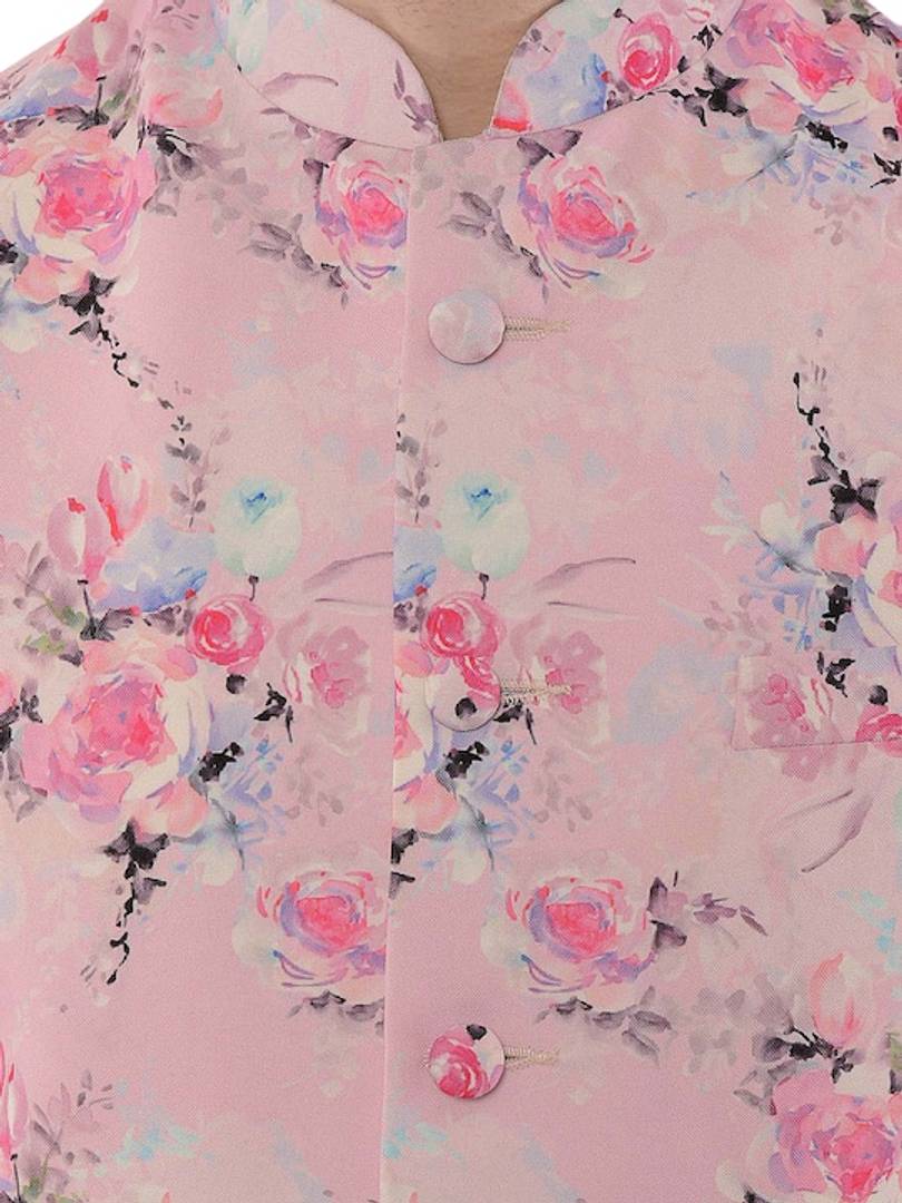 Men's Pink 
Cotton Blend
 Printed Nehru Jackets